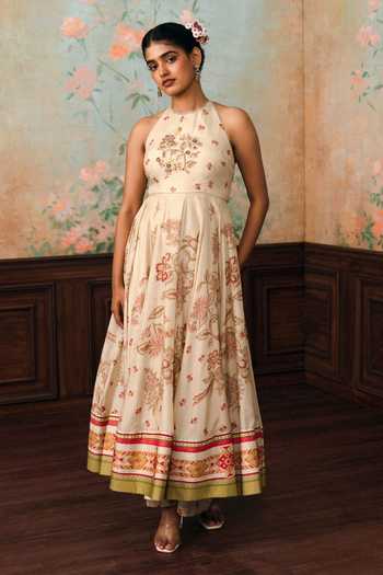 Shop_Paulmi And Harsh_Ivory Silk, Cotton, Organza Halter Neck Delphine Printed Anarkali Set _Online_at_Aza_Fashions