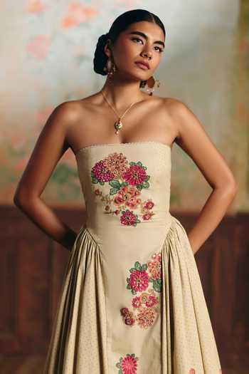 Paulmi And Harsh Multi Color Lycra, Chantilly Bandeau Neck Emilia Printed Dress Online at Aza Fashions Paulmi And Harsh_Multi Color Lycra, Chantilly Bandeau Neck Emilia Printed Dress _Online_at_Aza_Fashions