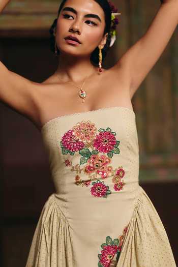 Shop Paulmi And Harsh Multi Color Lycra, Chantilly Bandeau Neck Emilia Printed Dress Online at Aza Fashions Shop_Paulmi And Harsh_Multi Color Lycra, Chantilly Bandeau Neck Emilia Printed Dress _Online_at_Aza_Fashions