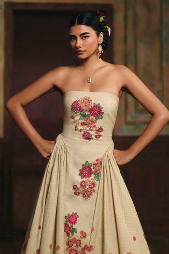 Paulmi And Harsh Multi Color Lycra, Chantilly Bandeau Neck Emilia Printed Dress at Aza Fashions Paulmi And Harsh_Multi Color Lycra, Chantilly Bandeau Neck Emilia Printed Dress _at_Aza_Fashions