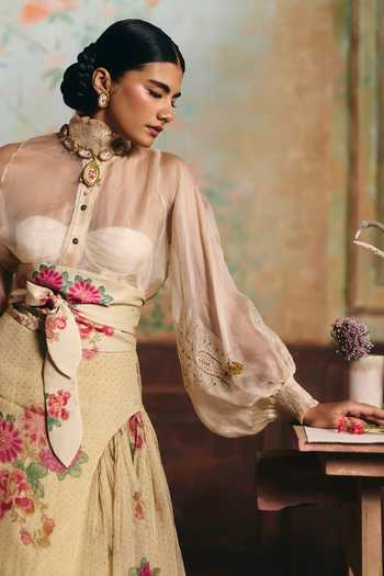 Paulmi And Harsh Ivory Organza, Lace High Neck Solstice Sheer Shirt And Skirt Set Online at Aza Fashions Paulmi And Harsh_Ivory Organza, Lace High Neck Solstice Sheer Shirt And Skirt Set _Online_at_Aza_Fashions