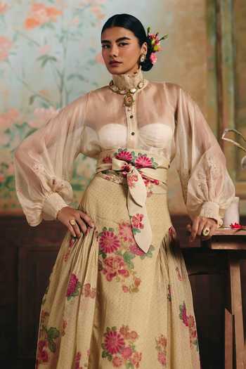 Buy Paulmi And Harsh Ivory Organza, Lace High Neck Solstice Sheer Shirt And Skirt Set Online at Aza Fashions Buy_Paulmi And Harsh_Ivory Organza, Lace High Neck Solstice Sheer Shirt And Skirt Set _Online_at_Aza_Fashions