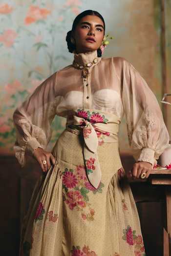 Shop Paulmi And Harsh Ivory Organza, Lace High Neck Solstice Sheer Shirt And Skirt Set Online at Aza Fashions Shop_Paulmi And Harsh_Ivory Organza, Lace High Neck Solstice Sheer Shirt And Skirt Set _Online_at_Aza_Fashions
