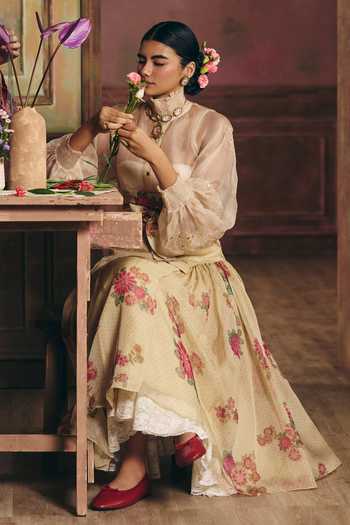 Paulmi And Harsh Ivory Organza, Lace High Neck Solstice Sheer Shirt And Skirt Set at Aza Fashions Paulmi And Harsh_Ivory Organza, Lace High Neck Solstice Sheer Shirt And Skirt Set _at_Aza_Fashions