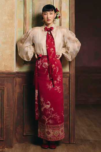 Paulmi And Harsh Roselle Sheer Shirt & Printed Skirt Set 