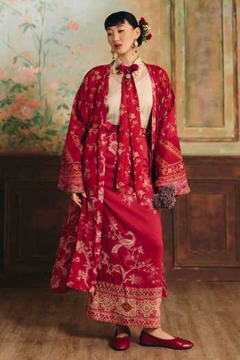 Paulmi And Harsh Roselle Sheer Shirt & Printed Skirt Set 