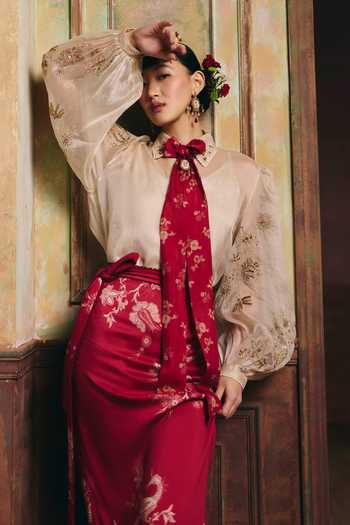 Buy Paulmi And Harsh Red Cotton, Organza, Silk, Modal Roselle Sheer Shirt And Printed Skirt Set Online at Aza Fashions Buy_Paulmi And Harsh_Red Cotton, Organza, Silk, Modal Roselle Sheer Shirt And Printed Skirt Set _Online_at_Aza_Fashions