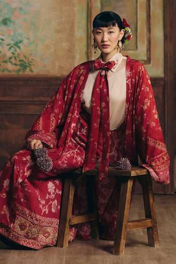 Shop Paulmi And Harsh Red Cotton, Organza, Silk, Modal Roselle Sheer Shirt And Printed Skirt Set Online at Aza Fashions Shop_Paulmi And Harsh_Red Cotton, Organza, Silk, Modal Roselle Sheer Shirt And Printed Skirt Set _Online_at_Aza_Fashions