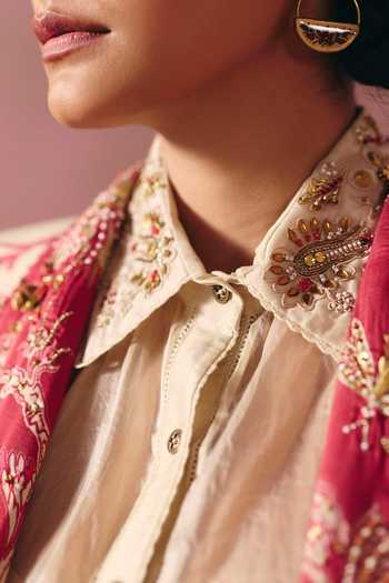 Paulmi And Harsh Ivory Cotton, Organza, Silk, Modal Collared Meadow Printed Jacket Trouser Set Online at Aza Fashions Paulmi And Harsh_Ivory Cotton, Organza, Silk, Modal Collared Meadow Printed Jacket Trouser Set _Online_at_Aza_Fashions