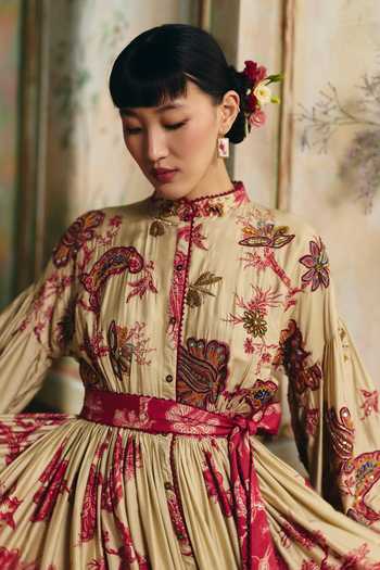 Buy Paulmi And Harsh Red Silk, Cotton Mandarin Collar Cordelia Printed Maxi Dress Online at Aza Fashions Buy_Paulmi And Harsh_Red Silk, Cotton Mandarin Collar Cordelia Printed Maxi Dress _Online_at_Aza_Fashions