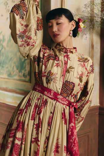 Shop Paulmi And Harsh Red Silk, Cotton Mandarin Collar Cordelia Printed Maxi Dress Online at Aza Fashions Shop_Paulmi And Harsh_Red Silk, Cotton Mandarin Collar Cordelia Printed Maxi Dress _Online_at_Aza_Fashions
