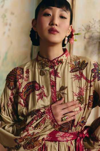 Paulmi And Harsh Red Silk, Cotton Mandarin Collar Cordelia Printed Maxi Dress at Aza Fashions Paulmi And Harsh_Red Silk, Cotton Mandarin Collar Cordelia Printed Maxi Dress _at_Aza_Fashions