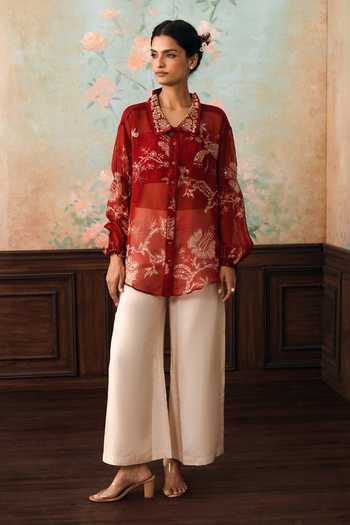 Paulmi And Harsh_Red Organza Collared Neck Kara Printed Shirt _Online_at_Aza_Fashions