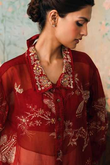 Buy_Paulmi And Harsh_Red Organza Collared Neck Kara Printed Shirt _Online_at_Aza_Fashions