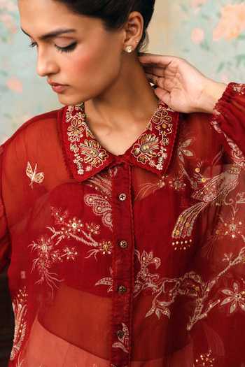 Shop_Paulmi And Harsh_Red Organza Collared Neck Kara Printed Shirt _Online_at_Aza_Fashions