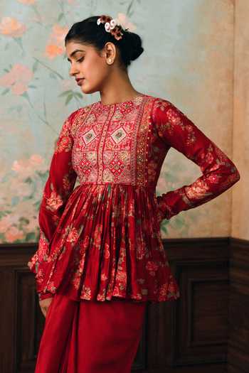 Paulmi And Harsh Red Crepe Round Neck Tori Printed Peplum Top And Skirt Set Online at Aza Fashions Paulmi And Harsh_Red Crepe Round Neck Tori Printed Peplum Top And Skirt Set _Online_at_Aza_Fashions