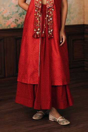 Paulmi And Harsh Red Silk, Cotton, Modal V-, Open Delia Printed Jacket Set Online at Aza Fashions Paulmi And Harsh_Red Silk, Cotton, Modal V-, Open Delia Printed Jacket Set _Online_at_Aza_Fashions