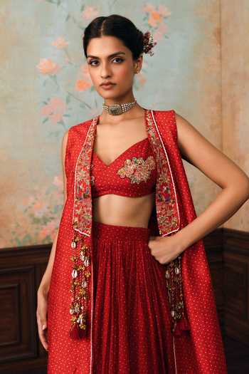 Buy Paulmi And Harsh Red Silk, Cotton, Modal V-, Open Delia Printed Jacket Set Online at Aza Fashions Buy_Paulmi And Harsh_Red Silk, Cotton, Modal V-, Open Delia Printed Jacket Set _Online_at_Aza_Fashions