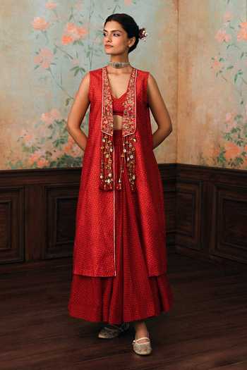 Shop Paulmi And Harsh Red Silk, Cotton, Modal V-, Open Delia Printed Jacket Set Online at Aza Fashions Shop_Paulmi And Harsh_Red Silk, Cotton, Modal V-, Open Delia Printed Jacket Set _Online_at_Aza_Fashions