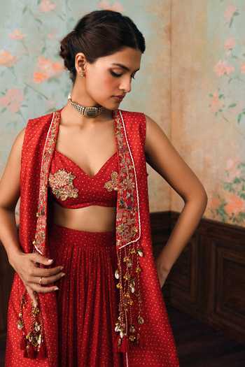 Paulmi And Harsh Red Silk, Cotton, Modal V-, Open Delia Printed Jacket Set at Aza Fashions Paulmi And Harsh_Red Silk, Cotton, Modal V-, Open Delia Printed Jacket Set _at_Aza_Fashions