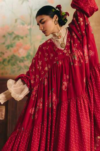 Paulmi And Harsh Red Silk, Cotton, Chantilly High Neck Theia Printed Dress Online at Aza Fashions Paulmi And Harsh_Red Silk, Cotton, Chantilly High Neck Theia Printed Dress _Online_at_Aza_Fashions