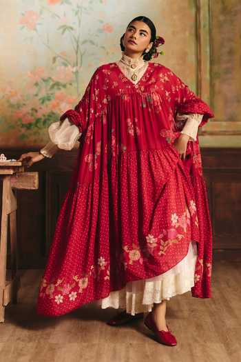 Shop Paulmi And Harsh Red Silk, Cotton, Chantilly High Neck Theia Printed Dress Online at Aza Fashions Shop_Paulmi And Harsh_Red Silk, Cotton, Chantilly High Neck Theia Printed Dress _Online_at_Aza_Fashions