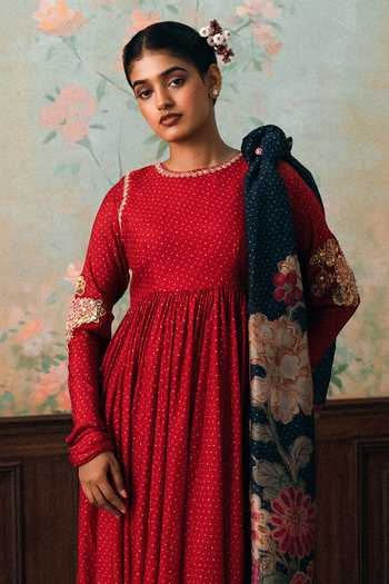 Paulmi And Harsh_Red Silk, Cotton, Organza Round Neck Corrine Polka Dot Pattern Anarkali Set _Online_at_Aza_Fashions