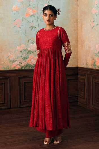 Buy_Paulmi And Harsh_Red Silk, Cotton, Organza Round Neck Corrine Polka Dot Pattern Anarkali Set _Online_at_Aza_Fashions