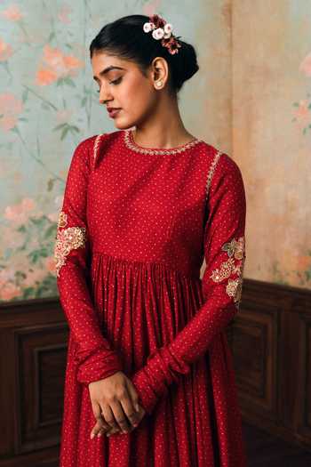 Shop_Paulmi And Harsh_Red Silk, Cotton, Organza Round Neck Corrine Polka Dot Pattern Anarkali Set _Online_at_Aza_Fashions