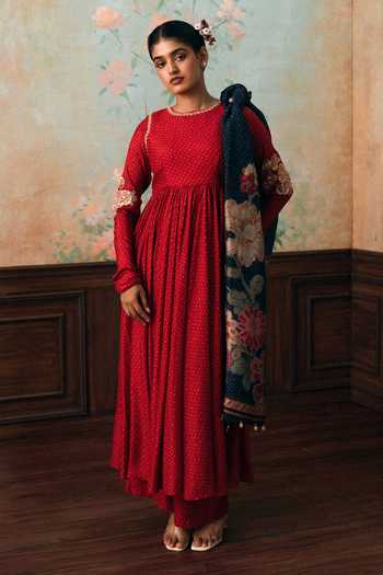 Paulmi And Harsh_Red Silk, Cotton, Organza Round Neck Corrine Polka Dot Pattern Anarkali Set _at_Aza_Fashions