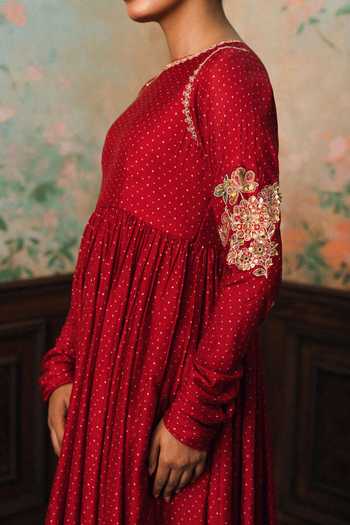 Buy_Paulmi And Harsh_Red Silk, Cotton, Organza Round Neck Corrine Polka Dot Pattern Anarkali Set 