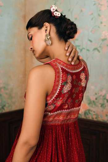 Paulmi And Harsh_Red Round Neck Merlia Printed Peplum Top And Palazzo Set _Online_at_Aza_Fashions