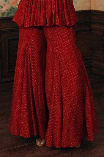 Buy_Paulmi And Harsh_Red Round Neck Merlia Printed Peplum Top And Palazzo Set _Online_at_Aza_Fashions