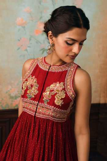 Shop_Paulmi And Harsh_Red Round Neck Merlia Printed Peplum Top And Palazzo Set _Online_at_Aza_Fashions