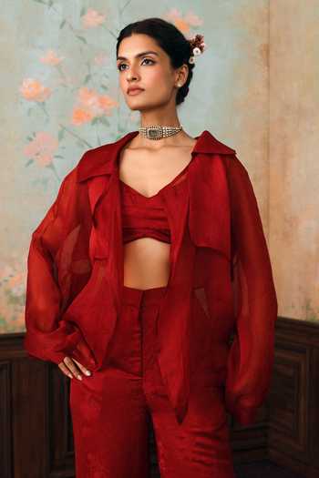 Buy Paulmi And Harsh Red Organza, Jacquard Open , Sweetheart Silas Pure Jacket Pant Set Online at Aza Fashions Buy_Paulmi And Harsh_Red Organza, Jacquard Open , Sweetheart Silas Pure Jacket Pant Set _Online_at_Aza_Fashions