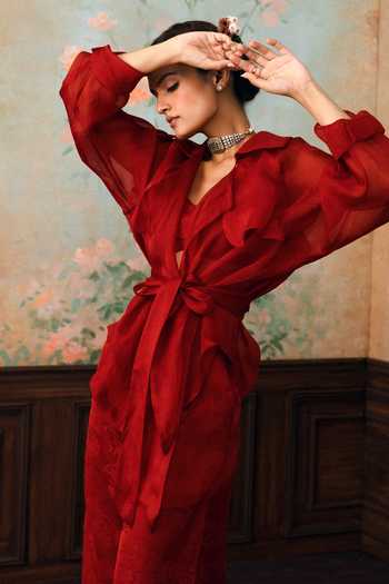 Paulmi And Harsh Red Organza, Jacquard Open , Sweetheart Silas Pure Jacket Pant Set at Aza Fashions Paulmi And Harsh_Red Organza, Jacquard Open , Sweetheart Silas Pure Jacket Pant Set _at_Aza_Fashions