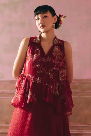 Paulmi And Harsh Red Organza Collared Neck, Cherie Printed Gilet And Kurta Set Online at Aza Fashions Paulmi And Harsh_Red Organza Collared Neck, Cherie Printed Gilet And Kurta Set _Online_at_Aza_Fashions