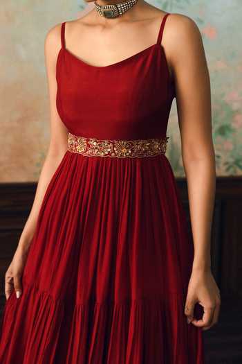 Paulmi And Harsh Red Silk, Cotton, Organza, Modal, Viola Tiered Anarkali With Printed Dupatta Online at Aza Fashions Paulmi And Harsh_Red Silk, Cotton, Organza, Modal, Viola Tiered Anarkali With Printed Dupatta _Online_at_Aza_Fashions