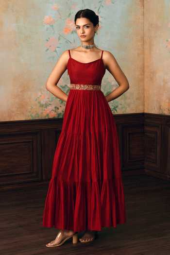 Buy Paulmi And Harsh Red Silk, Cotton, Organza, Modal, Viola Tiered Anarkali With Printed Dupatta Online at Aza Fashions Buy_Paulmi And Harsh_Red Silk, Cotton, Organza, Modal, Viola Tiered Anarkali With Printed Dupatta _Online_at_Aza_Fashions