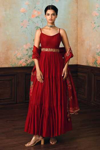 Paulmi And Harsh Viola Tiered Anarkali With Printed Dupatta 