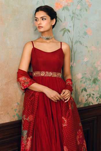 Shop Paulmi And Harsh Red Silk, Cotton, Organza, Modal, Viola Tiered Anarkali With Printed Dupatta Online at Aza Fashions Shop_Paulmi And Harsh_Red Silk, Cotton, Organza, Modal, Viola Tiered Anarkali With Printed Dupatta _Online_at_Aza_Fashions