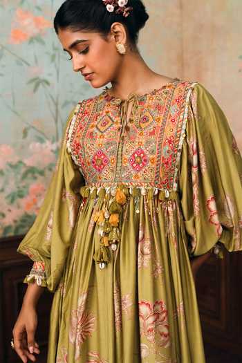 Paulmi And Harsh_Olive Green Silk, Modal, Lace Round Neck Estella Printed Dress _Online_at_Aza_Fashions