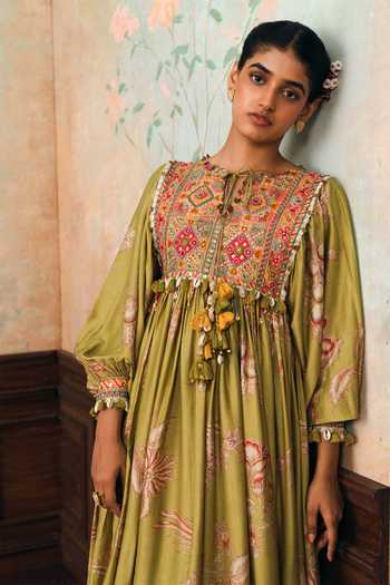 Buy_Paulmi And Harsh_Olive Green Silk, Modal, Lace Round Neck Estella Printed Dress _Online_at_Aza_Fashions