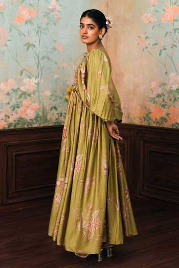 Shop_Paulmi And Harsh_Olive Green Silk, Modal, Lace Round Neck Estella Printed Dress _Online_at_Aza_Fashions