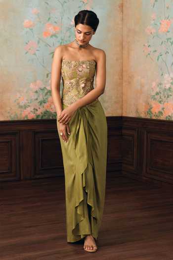 Paulmi And Harsh Olive Green Net, Organza, Satin, Silk, Modal Merliah Printed Cape Skirt Set Online at Aza Fashions Paulmi And Harsh_Olive Green Net, Organza, Satin, Silk, Modal Merliah Printed Cape Skirt Set _Online_at_Aza_Fashions