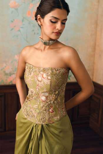 Buy Paulmi And Harsh Olive Green Net, Organza, Satin, Silk, Modal Merliah Printed Cape Skirt Set Online at Aza Fashions Buy_Paulmi And Harsh_Olive Green Net, Organza, Satin, Silk, Modal Merliah Printed Cape Skirt Set _Online_at_Aza_Fashions