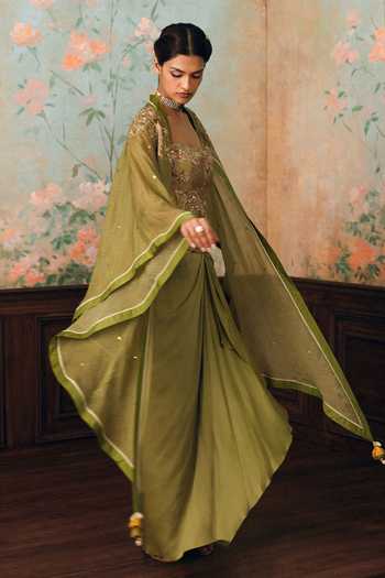 Paulmi And Harsh Olive Green Net, Organza, Satin, Silk, Modal Merliah Printed Cape Skirt Set at Aza Fashions Paulmi And Harsh_Olive Green Net, Organza, Satin, Silk, Modal Merliah Printed Cape Skirt Set _at_Aza_Fashions