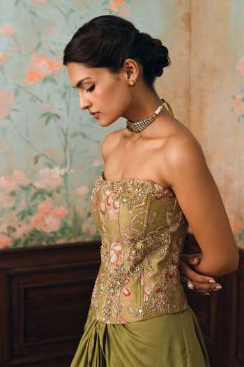 Buy Paulmi And Harsh Olive Green Net, Organza, Satin, Silk, Modal Merliah Printed Cape Skirt Set Buy_Paulmi And Harsh_Olive Green Net, Organza, Satin, Silk, Modal Merliah Printed Cape Skirt Set