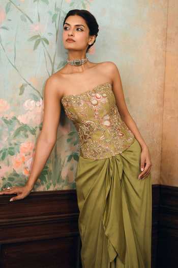 Shop Paulmi And Harsh Olive Green Net, Organza, Satin, Silk, Modal Merliah Printed Cape Skirt Set Shop_Paulmi And Harsh_Olive Green Net, Organza, Satin, Silk, Modal Merliah Printed Cape Skirt Set