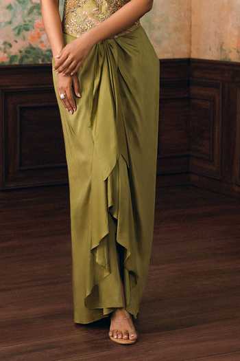 Paulmi And Harsh_Olive Green Net, Silk, Modal Embroidery Merliah Printed Corset And Skirt Set _Online_at_Aza_Fashions